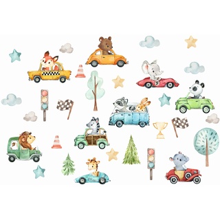 Wandtattoo Wandaufkleber für Kinder Autos Tiere Autos Transport Fahrzeuge Wanddekoration Aufkleber Aquarell Kinderzimmer