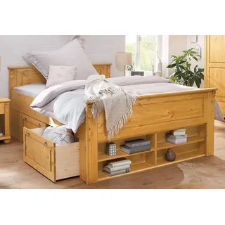 OTTO home Massivholzbett Tessin, Stauraumbett, Landhausstil, Schubladen optional, rustikal (Breite/Belastbarkeit 180cm/220 KG, 140cm/180 KG), zertifizierte Kiefer, Kassetten-Optik, stabile Qualität beige 190 cm x 207 cm x 85 cm