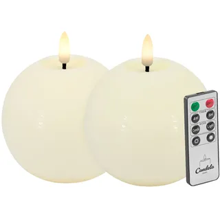 Candela Lights LED Kugelkerzen 2er Set Echtwachs creme rustic H:8,5xØ10cm Flammeneffekt & feste Flamme mit Fernbedienung Timer Funktion & mehrstufig dimmbar Echtwachskerzen