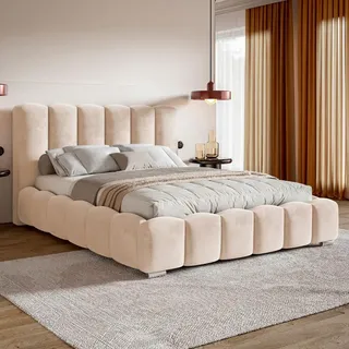 MOTIVENA Grand Bubble Polsterbett 200x200 mit Bettkasten, Metall Lattenrost, Bubble Bett 200x200 Beige Samt (Amor 04) - Beige/Creme