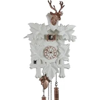 Eble Kuckucksuhr Kuckuckuhr Echtholz NEU batteriebetriebenes Quartzwerk Musik Kuckuckruf Fünflaub Weiß 46cm- 26865