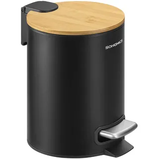 SONGMICS Kosmetikeimer, Mülleimer Bad, mit Deckel aus Bambus, Tretmülleimer mit Metallpedal, Inneneimer herausnehmbar, Softclose, für Badezimmer, 3 Liter, tintenschwarz LTB113BZ01