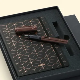 LAMY Lx Set 090 Marron: Füllhalter aus Aluminium mit Edelmetallveredlung, Feder M, Tintenpatrone T 10 Blau, Softcover Notizbuch A5, inkl. Geschenkbox