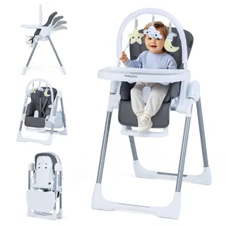 COSTWAY Hochstuhl Baby klappbar, Kinderhochstuhl höhenverstellbar mit Liegefunktion & verstellbarer Rückenlehne, Babystuhl mit Spielbügel & Rollen, Babyhochstuhl für Kinder ab 6 Monaten (Dunkelgrau)
