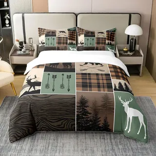 Bauernhaus Retro Rustikale Bettwäsche 100% Baumwolle Set 200x200,Land Bär Hirsch Tröster Bezug Jagd Wild Tier Bettbezug Plaid Pfeile Abenteuer Patchwork Bettdeckenbezug Bequem,Braun Grün