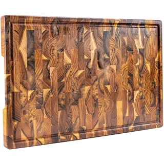 Erreke Schneidebrett Holz Gross mit Auffangschale, Holzbrett Küche, End Grain Teakholz 58cm Lang, Dicke 3.2 cm, Anti-Rutsch-Füße, Servieren Käse Brot Hackbretter 58x38cm (Saftrille)
