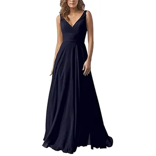 yhfshop Damen Festliche Kleider Maxi Hochzeit,Kleid aus Chiffon mit doppelter Schulter und V-Ausschnitt, A-Linien-Partykleid-Dark Blue_44,Damen Abendkleider Lang