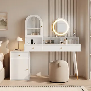 Sonni Schminktisch Mit Led-spiegel, Type-c- & Usb-anschluss Sowie 2 Steckdosen, Flexibles L-form-design Mit Glasplatte, Weiß, 140 (verstellbar) 40 140 Cm