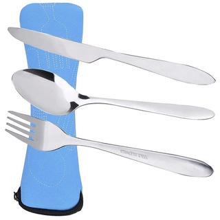 Prettyui Besteck-Set aus Edelstahl mit Organizer-Tasche, Reise-Camping-Besteck, Geschirr-Set mit Aufbewahrungsbox, Lunchbox für Picknick, Schule, Messer, Gabel, Löffel, Set, blauer Koffer (3 Stück)