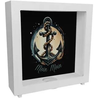 Anker mit Seil Rahmen Spardose aus Holz mit Spruch Moin Moin Eisenanker Umschlungenes Seil Marine Nautik Schiff Boot Dekorative Sicherung