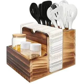 Besteckhalter aus Holz,Serviettenspender mit Caddy für Salzstreuer und Pfefferstreuer,Küchenutensilienhalter Serviettenständer Aufbewahrung für Besteck, Saucen oder Gewürze für Cafés,Küchen