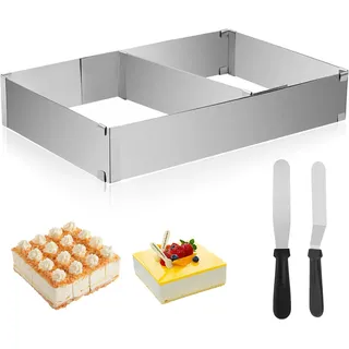 WOUYTPE Backrahmen Rechteckig Verstellbar mit Teiler, Tortenring Eckig für Backblech, Backform Rechteckig mit 2 Spatel,Kuchenform von 18 x 28 bis 34 x 54cm für Backen, Schichttorten, Dekorieren