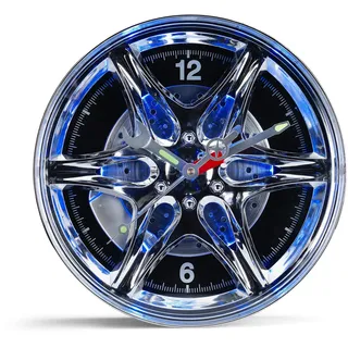 RED5 Felgen Wanduhr mit Blauer LED-Beleuchtung - 30 cm Quarzuhr