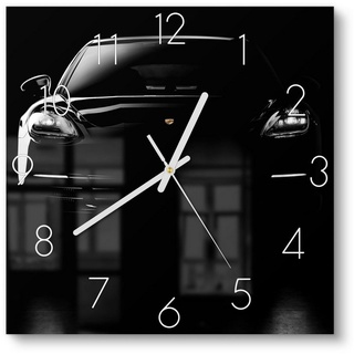 DEQORI Wanduhr 'Porsche Panamera Front' (Glas Glasuhr modern Wand Uhr Design Küchenuhr) schwarz|weiß 30 cm x 30 cm