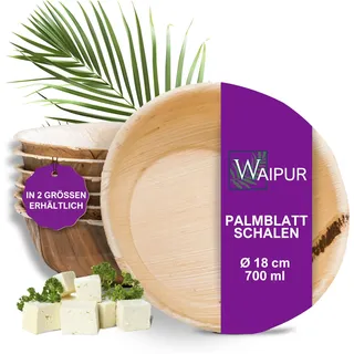 Waipur Palmblatt Schalen - 25 große Schüsseln Ø 18 cm / 700 ml - stabil | Premium Einweggeschirr aus natürlichem Palmblatt, Einweg Suppenschalen mit natürlicher Maserung, ähnl. Bambus Einwegschalen