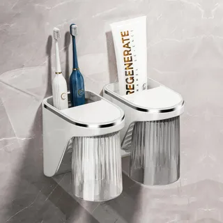 COZHYESS 2 Stück Zahnbecherhalter, ohne Bohren, Zahnbürstenhalter Mit Magnetischem Becher, Zahnputzbecher Kunststoff, Zahnputzbecher Kinder Zahnputzhalter, für Familie