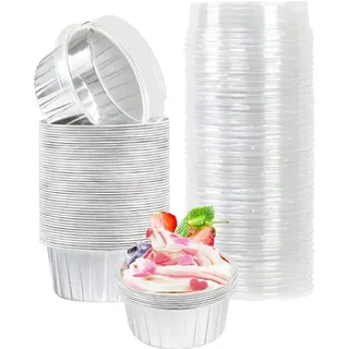 Omgoods - Cupcake-Backformen, 50 Stück - Aluminiumfolie - Einweg - Mit Deckeln - 5 oz - Robust - Ideal für Desserts - Muffinformen - Braun