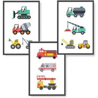 Himmelzucker Premium Wandbilder 3er set für Kinderzimmer Babyzimmer Poster DIN A4 Kinder Kinderposter Junge Mädchen Dekoration Bilder Autos Fahrzeuge Feuerwehrauto (Fahrzeuge)(A4 ohne Rahmen)