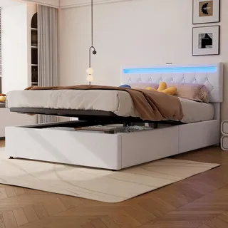 Polsterbett mit hydraulischem Stauraum, flaches Bett, LED-Ambientebeleuchtung per App, USB & Type-C Ladefunktion, Leinen in Weiß, 140x200cm - Weiß