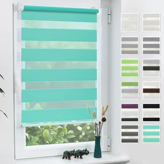 Grandekor Doppelrollo Klemmfix ohne Bohren 65x110cm Stoffbreite 65cm Türkis Fenster Rollos für innen Klemmrollos Duo Rollos für Fenster ohne Bohren mit Bohren Privatschutz UV-Schutz Zebrarollo