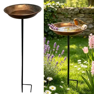 Vogeltränke Stehend Metall Gartenstecker, Rost Vogelbad Garten Gartenstecker Gartendeko für Draußen Wetterfest, Vogeltränke Futterstation Bienentränke für Draußen, Wassertränke für Vögel (1 Stück)