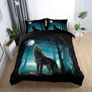 Sticker superb 135x200cm 2 Teilig 3D Tier Wald Wolf Blaues Grau Bettwäsche Set mit Reißverschluss, Cat Mond Winter Herbst Bettbezug Set Mann 1 Person (Wolf)