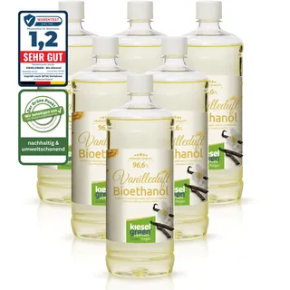 KieselGreen Bioethanol 6 x 1 Liter mit Duft für Ethanol-Kamin, viele Sorten - Bio Ethanol als Raumduft in vielen Duftnoten - Parfüm für Bio Ethanol Kamin Indoor oder Bioethanol Tischfeuer (Vanille)