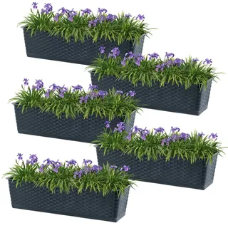 DTU24 5er Set Balkontopf mit Untersatz, Pflanzkasten, Balkonkasten mit Wasser Öffnungen, Blumenkasten für Rosen, Oleander, Rattan Imitation (5 Stück, 50 cm, Anthrazit)