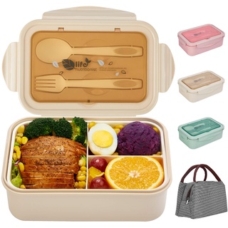 Bento Box für Kinder Erwachsene, SHAKNIFE 1400ML Luftdichte Lunchbox mit Lunchtasche Löffel Gabel, BPA-Freie und Lebensmittelechte Brotdose mit 3 Fächern (Beige)