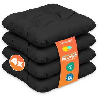 Outdoor Sitzkissen Stuhlkissen - 4er Set - 45 x 45 cm - Made in EU, Wasserdichtes & UV-beständig Gartenkissen - Stuhlauflage Stuhlpolster für Balkonstühle - Schwarz