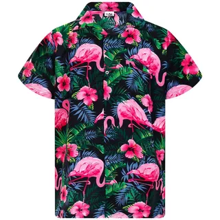 King Kameha Hawaiihemd Flamingo Flowers Funky Hawaii-Hemd Herren Kurzarm Front-Tasche Unisex rosa|schwarz XXL