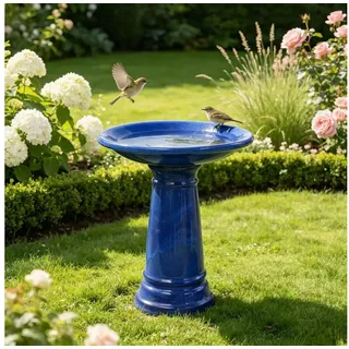 Blossom Vogeltränke Keramik Vogelbad Garten, handgefertigte Vogelfuttersäule Ø 31,5 cm, frostsicheres Vogelbecken mit Standfuß, für Terrasse Balkon blau