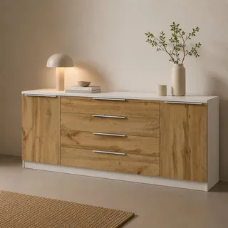 Kommode BORCHARDT MÖBEL "Oliva, Kommode mit Metallgriffen", weiß (weiß matt, eichefarben wotan), B:200cm H:78cm T:35cm, Holzwerkstoff, Sideboards, Kommode, Breite 200 cm, mit 4 Schubkästen