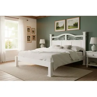 Weißes Mexico Doppelbett, Pinie massiv, Bett, weiß, Landhausstil, Massivholzbett weiß lackiert