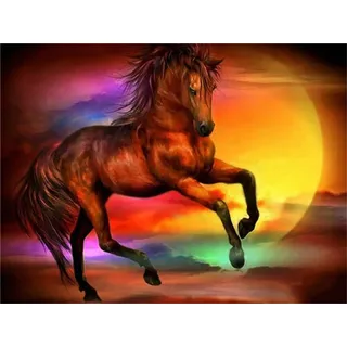 Diamond Painting Bilder,DIY 5D Diamond Painting Groß,Diamant Malerei Malen Nach Zahlen Full Drill Kristall Set,für Schlafzimmer und Wohnzimmer Wanddekoration Sonnenuntergang-Pferd Round Drill,60x80cm