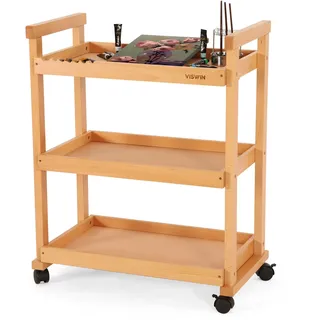 VISWIN Kunstwagen-Aufbewahrungs-Organizer aus massivem Buchenholz, 3-stöckiges Roll-Utility-Studio-Taboret mit Rollen, multifunktionales Aufbewahrungswagen–Natur