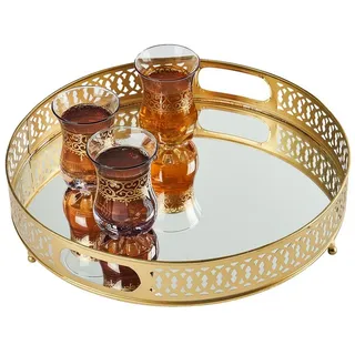 Marrakesch Orient & Mediterran Interior Spiegeltablett Nikita im Orient-Design aus Eisen gefertigt, Gold 30 cm | Nikita vereint Golddekor mit rundem Spiegelglas zum Teetablett. Das Eisentablett steht auf vier Füßen und ist 30 cm breit.