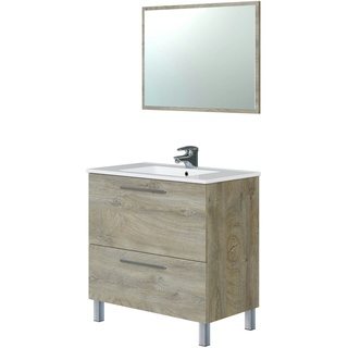 Dmora Unterschrank Hayward, Badezimmerschrank, Kleiderschrank mit 2 Schubladen und Spiegel, Waschbecken nicht enthalten, 80x45h80 cm, Eiche