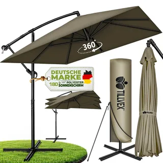 tillvex® Sonnenschirm Rechteckig Ø 330 cm + Abdeckung, Kurbel & Windschutz | Ampelschirm Aluminium Eckig mit Ständer | Alu Gartenschirm UV-Schutz | Kurbelschirm wasserdicht, 360° drehbar Terrasse Garten - Ø 330 cm