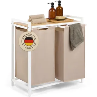 Blumtal Wäschesammler 2 Fächer Creme - Wäschekorb mit Ablage in Bambus-Optik - Wäscheschrank mit Metall-Rahmen in Weiß - Wäschekorb mit Beinen - Wäschesortierer 2 Fächer - Laundry Organizer
