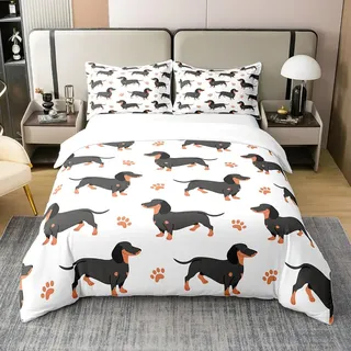 Loussiesd Dachshund 100% Baumwolle Bettwäsche Set 135x200cm Welpe Bettbezug Set Baumwoll für Schlafzimmer Cartoon Pet Kawaii Welpe Schwarz Weiß