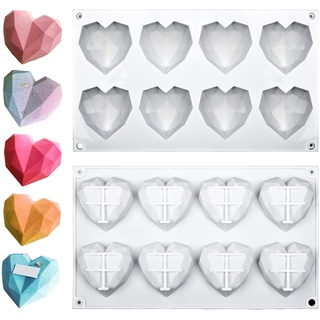 Herzform Backform, 3D Diamant Herz Silikonform 8-Kavität Silikon Herzform Schokoladenformen, Herzform Kuchenform Zum Backen Käsekuchen,Mousse,Schokolade,Eiswürfel(Weiß)