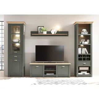 Wohnwand HOME AFFAIRE "Cambridge, moderne Anbauwand, Metallgriffen, Komplettset, Landhausstil", grün (grün, grün, applikation wotan eiche dekor), B:308cm, Holzwerkstoff, Kastenmöbel-Sets, Wohnwand, enthält Regal, Vitrine, Lowboard und Wandboard, ohne Beleuchtung
