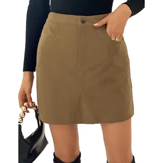 Kate Kasin Damen Cordrock Minirock Hochtaillierter Rock Wickelrock Kurzer Röcke Herbst/Winter Cordrock Bleistiftrock Gummizugbund Tasche Halbrock Dunkelbraun XL - XL