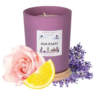 AVA & MAY Provence Duftkerze (180 g) – vegane Sojawachs-Kerze mit 40 Stunden Brenndauer – mit hochwertigem Duftöl aus Lavendel, Rose und Zitrone