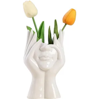 PW TOOLS Kopf Gesicht Vase, Keramik Gesichtsvase, Künstlerische Kopfvase, Moderne Kreativität Vasen Deko Mit Vase Gesicht Statue Weiss, für Wohnzimmer Büro Tisch Wohnkultur Dekoration