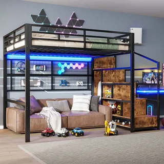 Flieks Etagenbett 140x200cm mit Aufhängegitter & Led, Hochbett mit Kleiderstange und Staufach, Jugendbett Metallbett Doppelbett mit Treppe, Schwarz - Schwarz