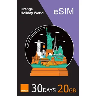 Orange Holiday World eSIM – 30 Tage, bis zu 20 GB Daten, 15 Minuten Anrufe, 50 SMS. Vorgeladen und aktiviert mit weltweitem Service. Tethering erlaubt. Globale eSIM für iPhone & Android
