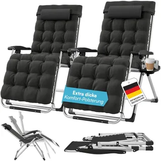 STEELSØN Gartenliege Lysira klappbarer Zero-Gravity-Stuhl, schwarz/silber, outdoor Liegestuhl, 2er-Set, mit atmungsaktiven Polsterauflagen, Sonnenliege mit Getränkehalter schwarz