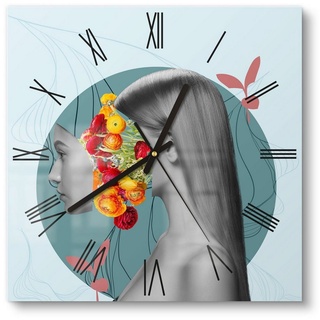 DEQORI Wanduhr 'Frau mit Blumen im Kopf' (Glas Glasuhr modern Wand Uhr Design Küchenuhr) blau